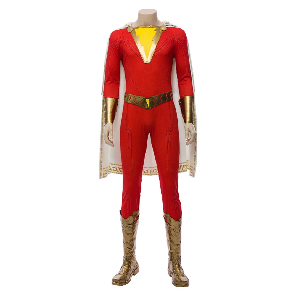  Shazam Billy Batson Cosplay Costume Captain Marvel Costume Jumpsuit Outfit LED with Boots Halloween