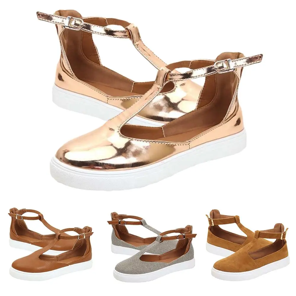 

Lady Casual Cutout Buckle Flats Round Toe Loafers T-Strap Sneakers Slip-on Shoes