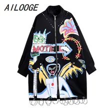 AILOOGE, модный бренд, граффити, заклепки, Женская длинная куртка, пальто в стиле панк, размера плюс, Женская куртка-бомбер, пальто, больше размера