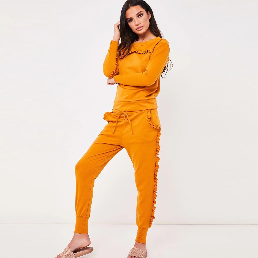 2 Pcs/Set Women 2018 Autumn Winter Sweatsuit Long Sleeve Ruffle Top