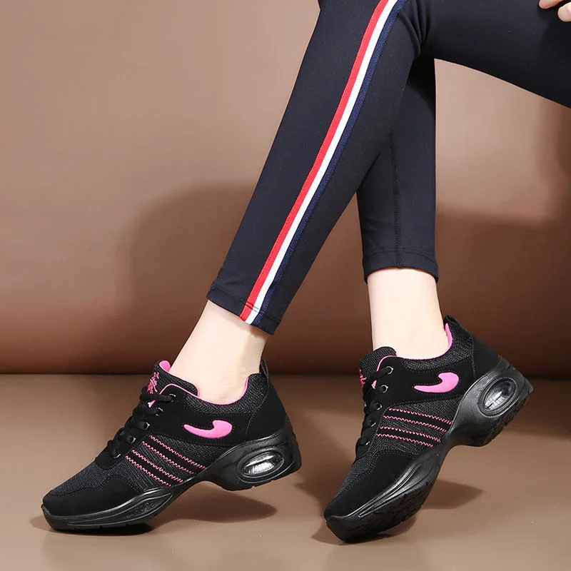 

Women Hip Pop Sneakers Air Cushion Breathable Mesh Fly Line Lady Black White Sports Dance Shoes