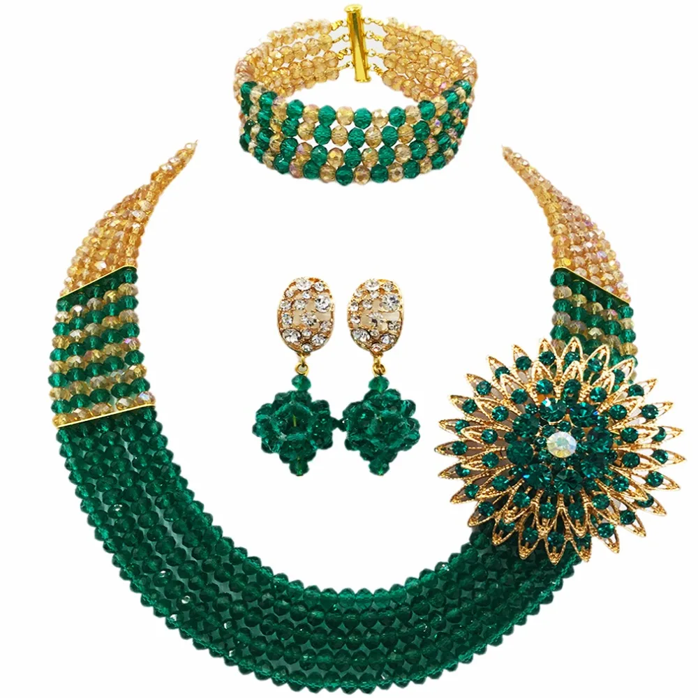 Gold AB Tearl Green Army Crystal Beaded Necklace Nigerian Wedding African Beads Jewelry Set for Women Girls 5L-SXJB001 | Украшения и