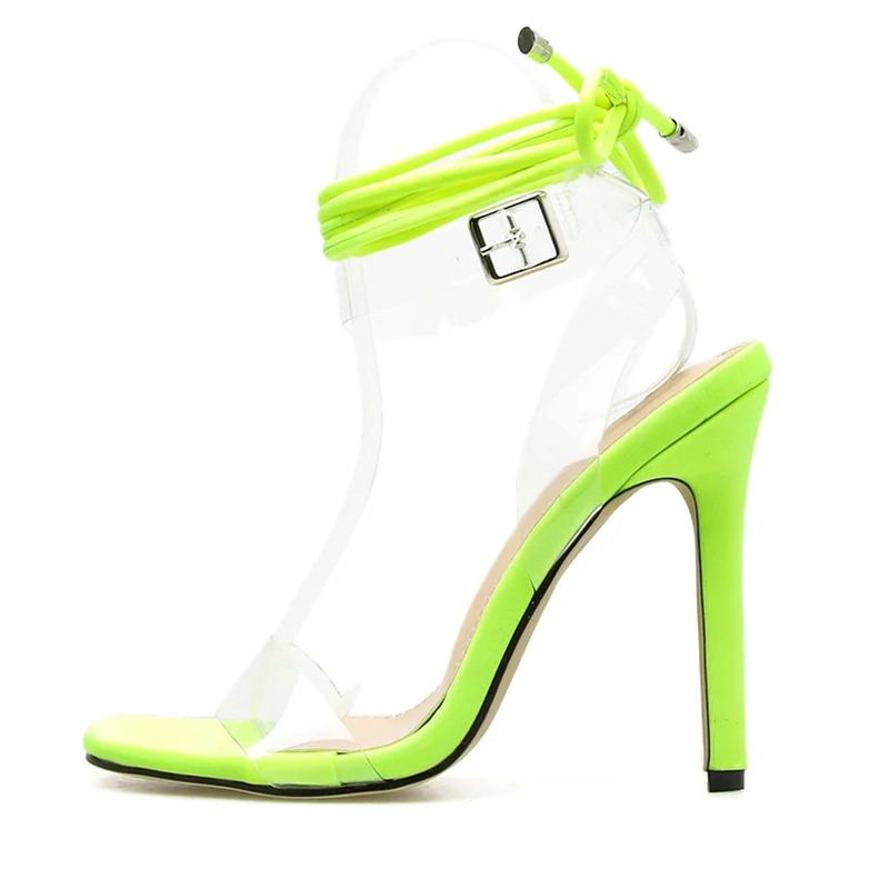 Плюс Размеры 11,5 см обувь на высоком каблуке на шнуровке; Летние лодочки с перекрестными ремешками, высокий каблук Прозрачная женская обувь Фетиш неоновый зеленый зачистки; летние туфли-лодочки - Цвет: Зеленый