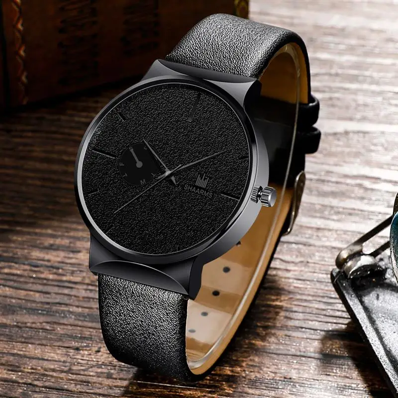 Модные мужские минимализм часы люксовый бренд кожаный ремешок нержавеющая сталь кварцевые наручные часы мужские деловые часы черный