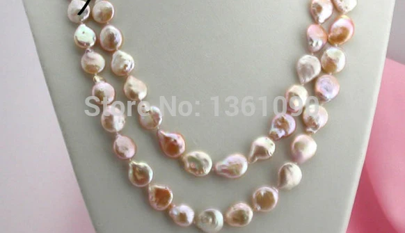 

00681 Long 50" 14mm nature pink coin freshwater pearl necklace