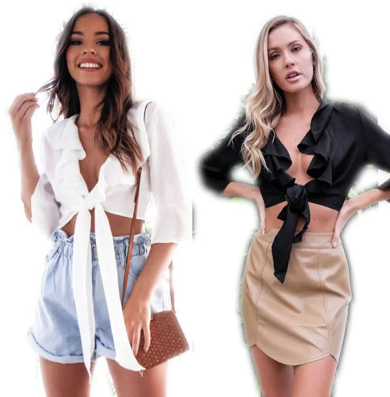 

2018 Fashion Women Ruffle Blouses Satin Multi Tie Wrap Long Sleeve Button Cuff Bow Blouse Shirt Party Crop Top Sexy