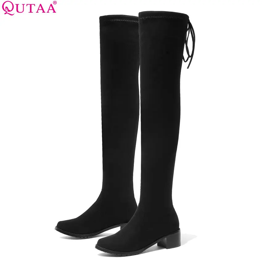 Qutaa 2020 Women Winter Boots Fashion All Match Elastic Fabric Over The Knee High Shoes Square Mid Heel Size 34 43 huismerk kopen in de aanbieding