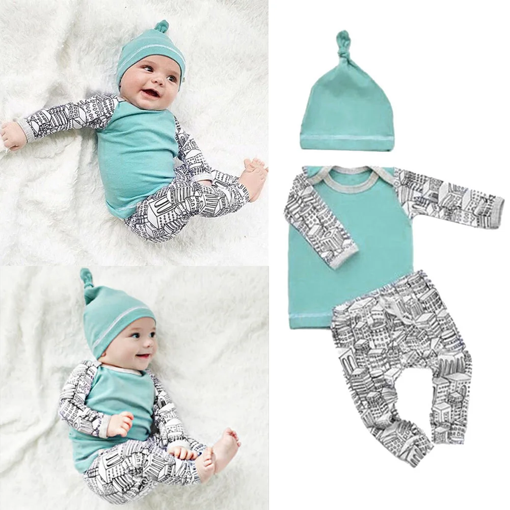 Newborn Baby Clothes Set Unisex Tops T shirt+Pants Hat 3pcs Winter Warm