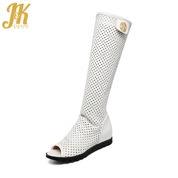 

JK Size 40 Women Summer Boot Sexy Peep toe Hallow out Knee high Boot Ladies Height Increasing Shoes Woman Zipper Boot
