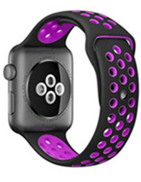 Для Apple Watch, версии 3, 2, 1 ремешок спортивный браслет силиконовый ремешок 42 мм, 38 мм, браслет из нержавеющей стали Смарт-часы напульсник Для мужчин Для женщин ремень резиновый наручных часов iWatch, ремешок - Цвет ремешка: Black Purple