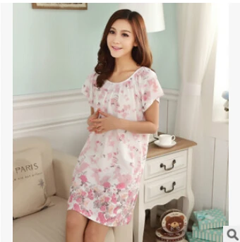 Свободные ночные рубашки большого размера для женщин, длинная ночная рубашка с рисунком для девочек, ночная рубашка из хлопка и шелка, летнее платье Q623 - Цвет: pink flower