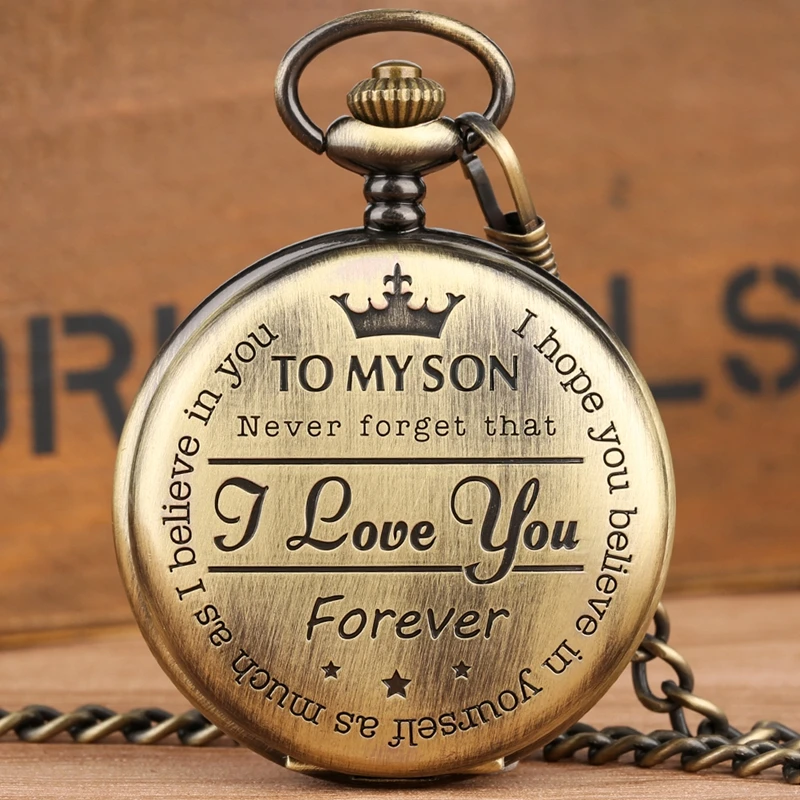 To MY SON Engraved Word  Retro Copper Pocket Watch Men Unique Quartz Clock Chain Boy Birthday Christmas Gift for Kids Boy Men 2019 (2)