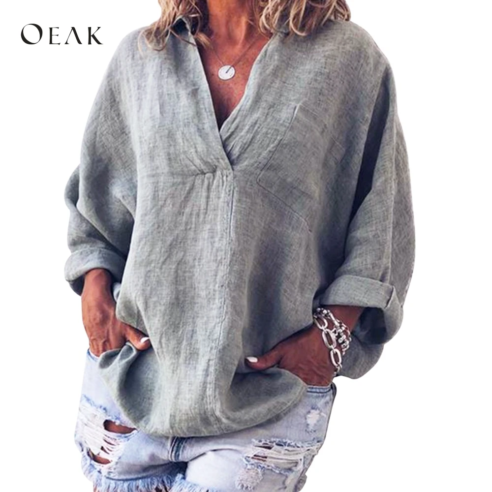 

OEAK 2019 Women Summer Casual Solid Long Sleeve Shirt Loose V-neck Womens Blouses Tops Cotton Basic Simple Shirts Female