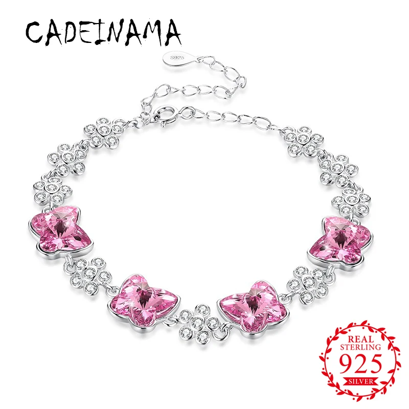 

CADEINAMA Fashion Butterfly Austria Crystal Chain Bracelet Real 925 Sterling Silver Charm Bracelet Girl Women Fine Jewelry Gift