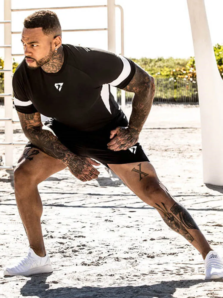 GYMOHYEAH Two Piece Set Men T Shirt Top+Shorts Men Tracksuits Quick-drying compression Causal Sportswear Tops Short Trousers