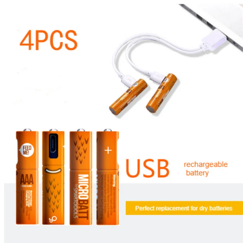 4 шт./лот дизайн 1,2 V 450mAh USB AAA перезаряжаемая батарея Ni-MH батарея может поддерживать игрушечный пульт дистанционного управления с зарядной линией