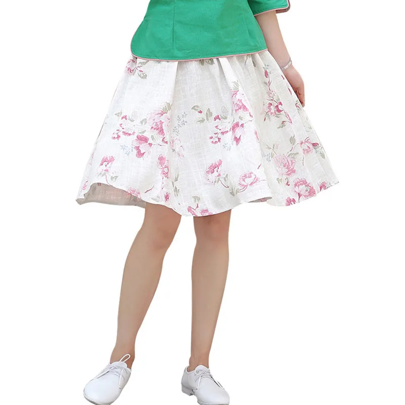 Chino Señora Casual Flor Blanca de Lino de Algodón de Impresión Falda Corta Mujeres Falda Plisada Longitud de La Rodilla de la Cintura Elástico Evasé Faldas