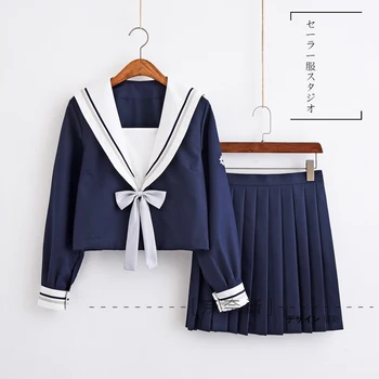 

Japanese High School JK Uniforms Sailor Collar Suit Lolita Women Flower Embroidery Navy Blouse & Pleated Skirt Suit With Tie