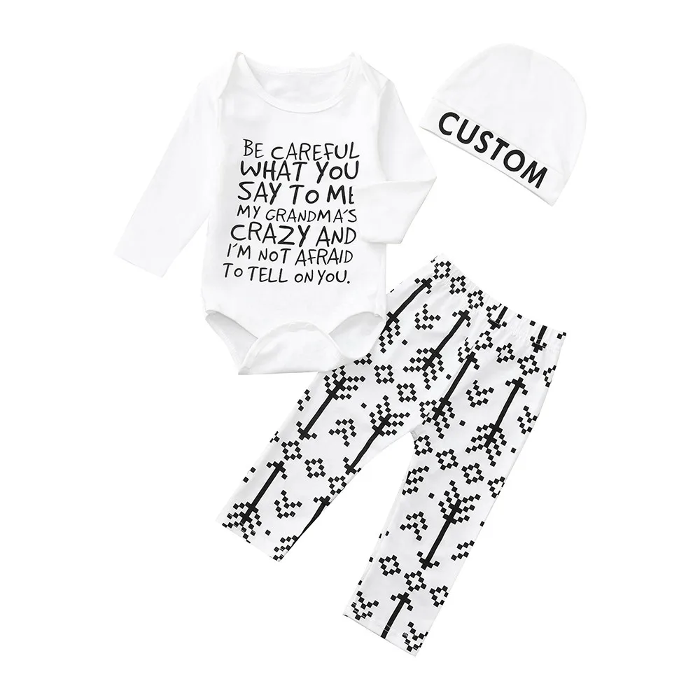 

Toddler Newborn Baby Long Sleeved Letter Romper Jumpsuit+Pants+Hat Set Outfit
