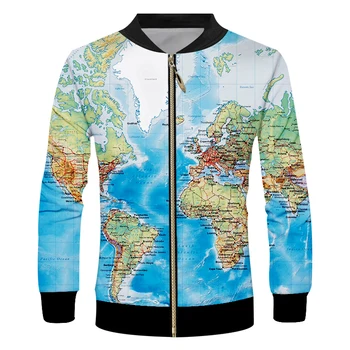 

Novelty 3d Baseball Jackets World Map All Over Print Zip up College Jacket Coats Mens Casual Varsity Jacket Team Custom S-6XL