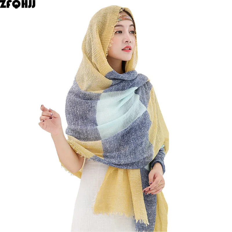 

ZFQHJJ Women Cotton Linen Scarf Hijab fringes Tassels Muslim Hijabs Turkish Wrinkle Crinkle Shawls Wraps Large Long Pashmina