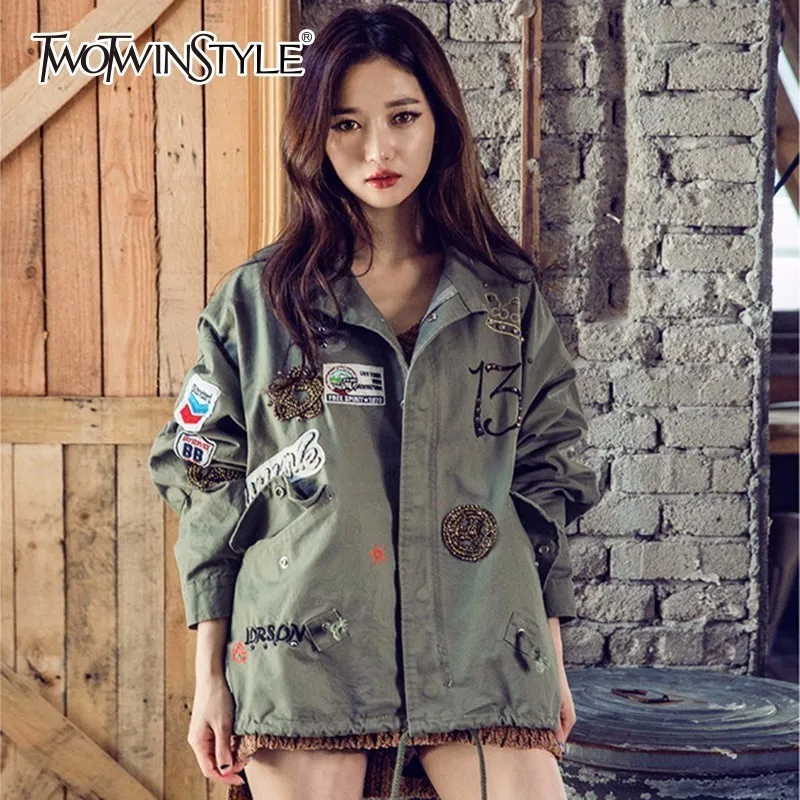 

TWOTWINSTYLE Bomber Jacket Female Design Appliques Batwing Long Sleeve Zipper Windbreaker Coat Autumn Casual Clothes Big Sizes