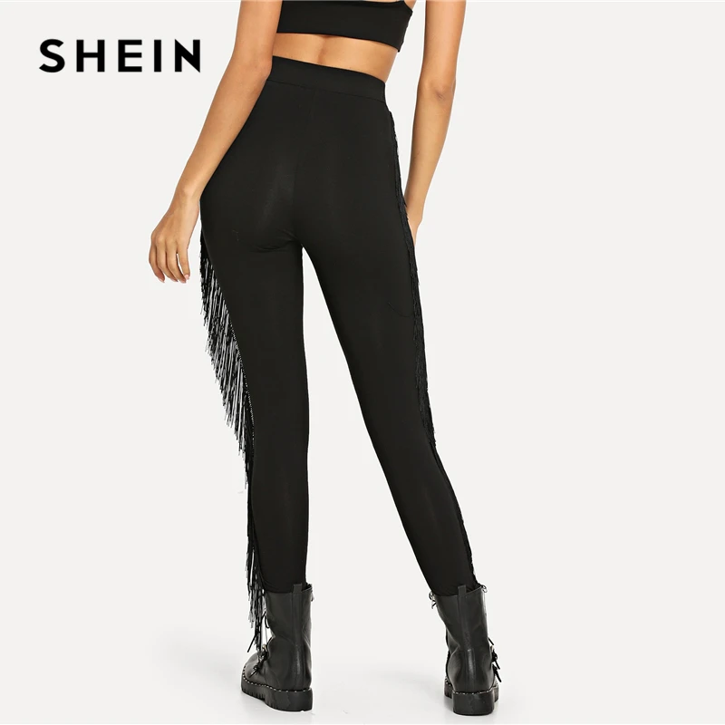 SHEIN Черные Леггинсы С Бахромой, Леггинсы С Оригинальной Отделкой, Однотонные Леггинсы