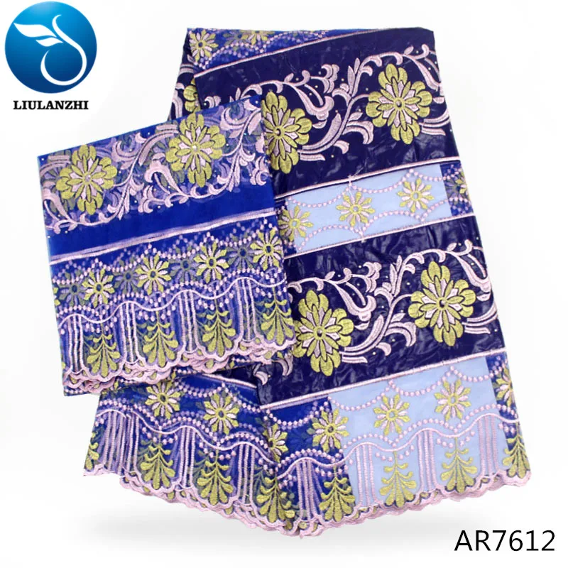 

LIULANZHI Blue african lace fabrics Latest design embroidered bazin riche mix tulle lace with stones for dress bazin lace AR76