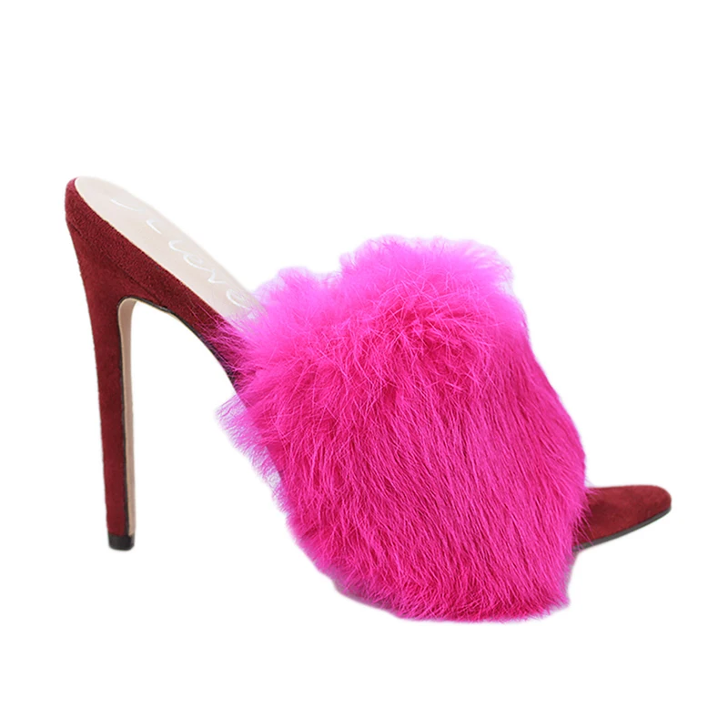 Г. Европейские сандалии ярких цветов, роскошный мех кролика, сандалии на высоком каблуке, шлепанцы женская обувь больших размеров 35-43 - Цвет: Rose red rabbit