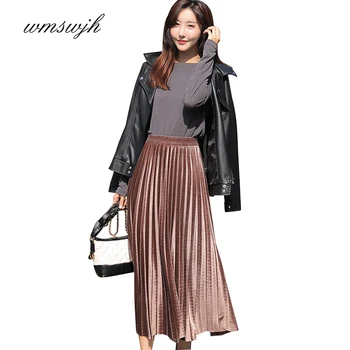 

Wmswjh 2019 Autumn Winter Velvet Skirt High Waisted Skinny Large Swing Long Pleated Skirts Metallic Plus Size 2XL Midi Saia