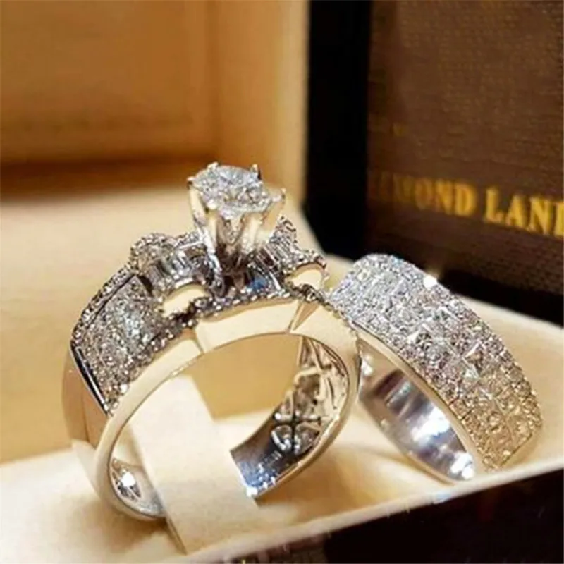 2pcs/set new classic silver color cz white crystal bague rings for women engagement wedding band fashion jewelry gifts | Украшения и