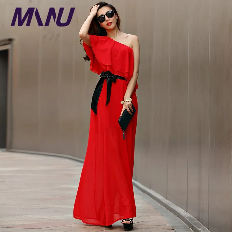 Top Selling Women Vintage One Shoulder Chiffon Dress Fashion Slid Slim