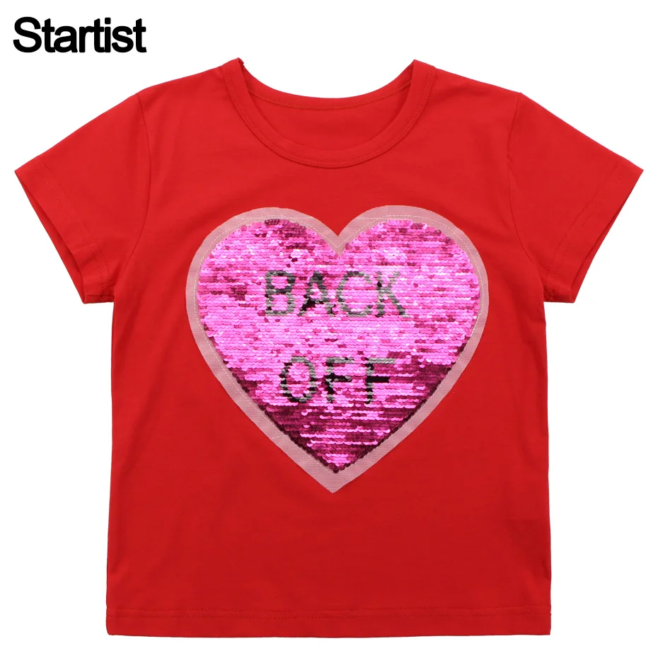 

T-Shirts For Girls Sequin Heart-shaped Girls Tshirt Red Short Sleeve T Shirt Kids Summer Girls Clothes 3 6 8 10 12 14 Year