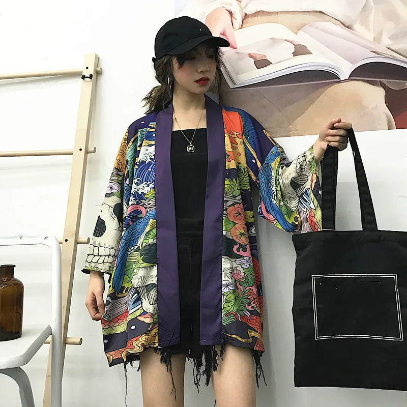 Neploe японский дьявол Волна печати Блузка Кардиган Harajuku летние женские мужские рубашки рукав летучая мышь солнцезащитный кимоно 52015