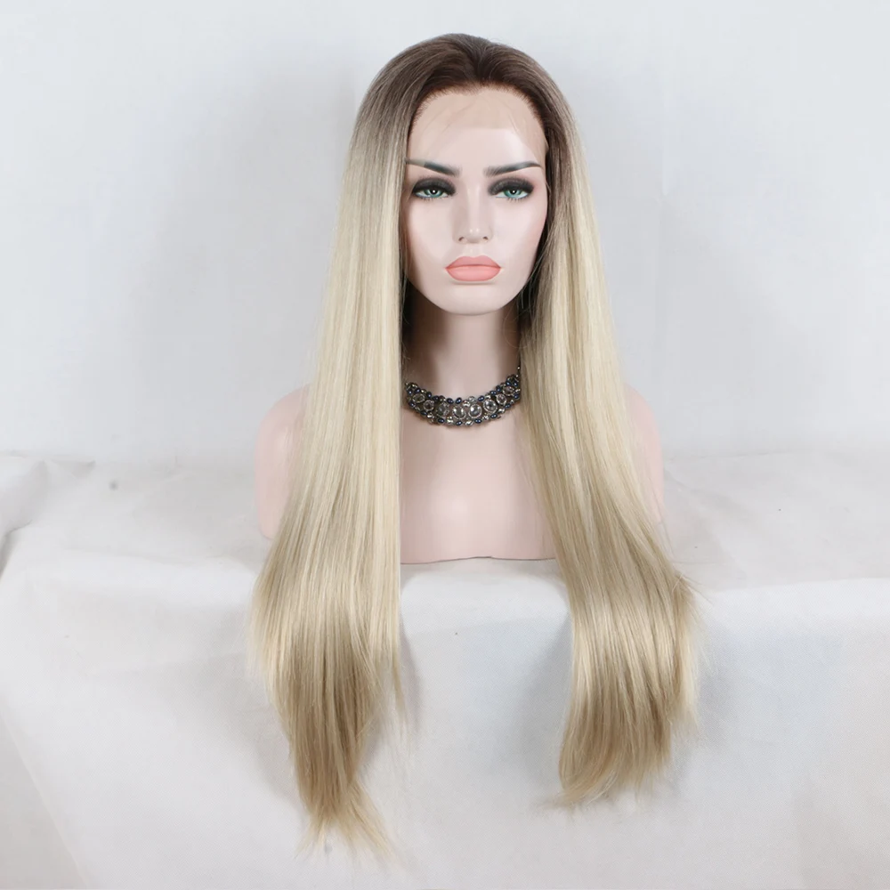 

Fantasy Beauty Long Straight Ombre blonde Heat Resistant Synthetic Lace Front Wigs Two Tone Wigs For Black Women