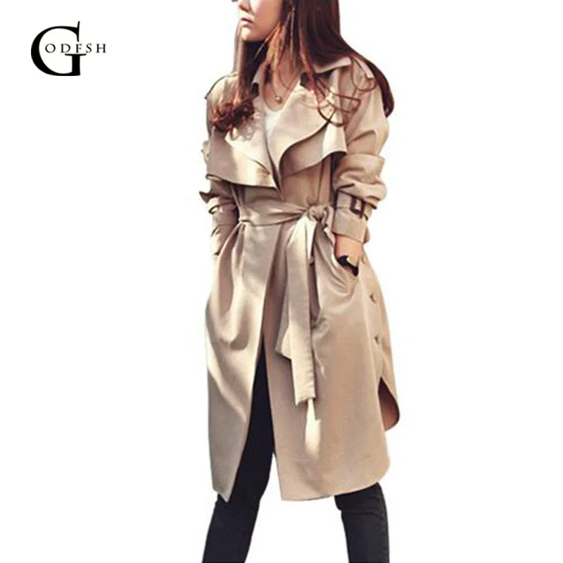 

Fashion Women's Khaki Trench Spring Autumn Outerwear Casual Loose Coat Long Trench With Belt Elegant Lady Windbreak RH197