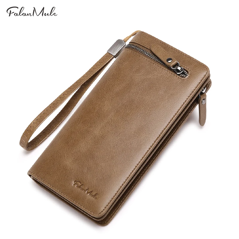 

FALAN MULE vintage men wallets genuine leather long zipper clutch purse fashion brand male phone wallet