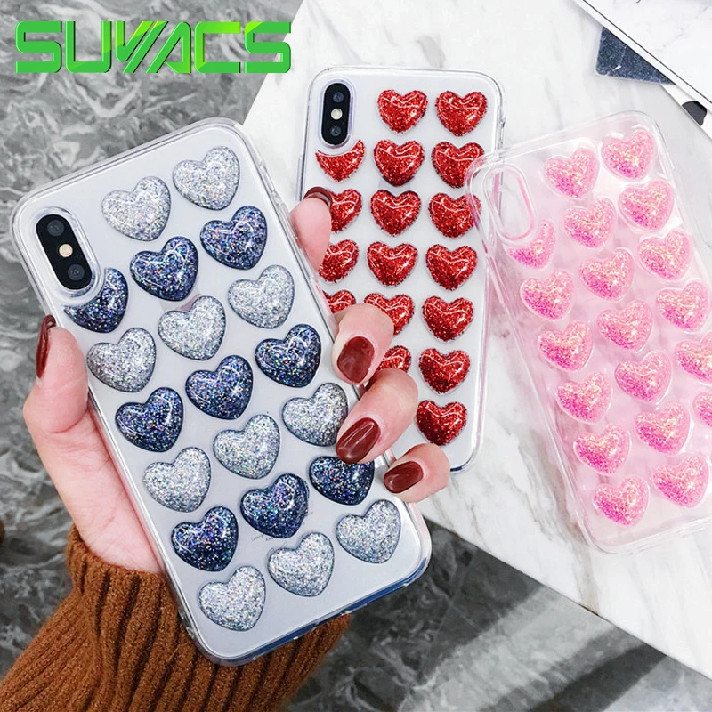 

SUYACS For iPhone 6 6S 7 8 Plus X XS MAX XR 5 5S SE Case 3D Glitter Powder Love Hearts Soft TPU Transparent Phone Cover Cases