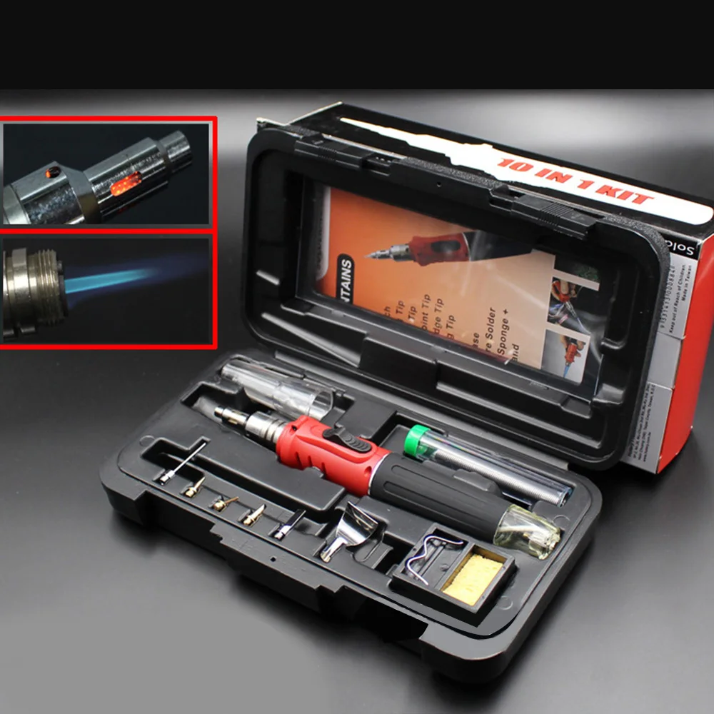 

HS-1115K 10 in 1Butane Gas Soldering Iron Set Welding Torch Tool 12mL Autoignition Double Edge Tip Resin Core Solder Blow Torch