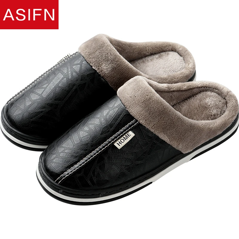ASIFN font b Men s b font Slippers Big Sizes Leather Winter Waterproof Warm Home Fur