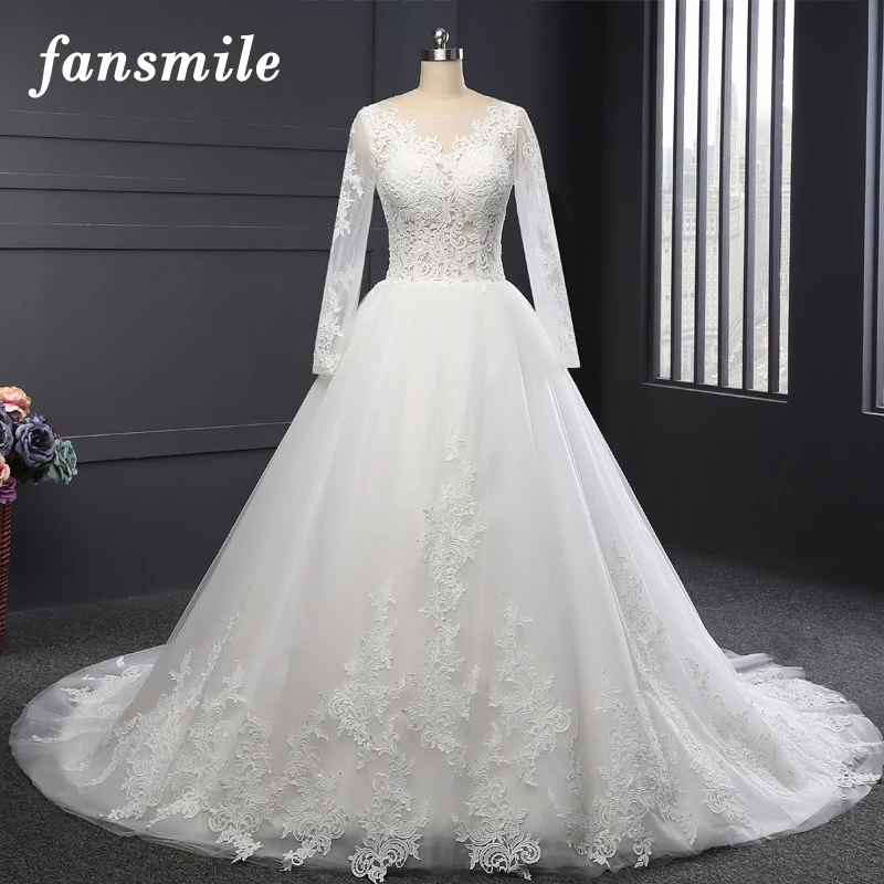 

Fansmile Real Photo Long Train Ball Wedding Dresses 2019 Customsized Plus Size Bridal Wedding Gowns Vestido De Noiva FSM-086T