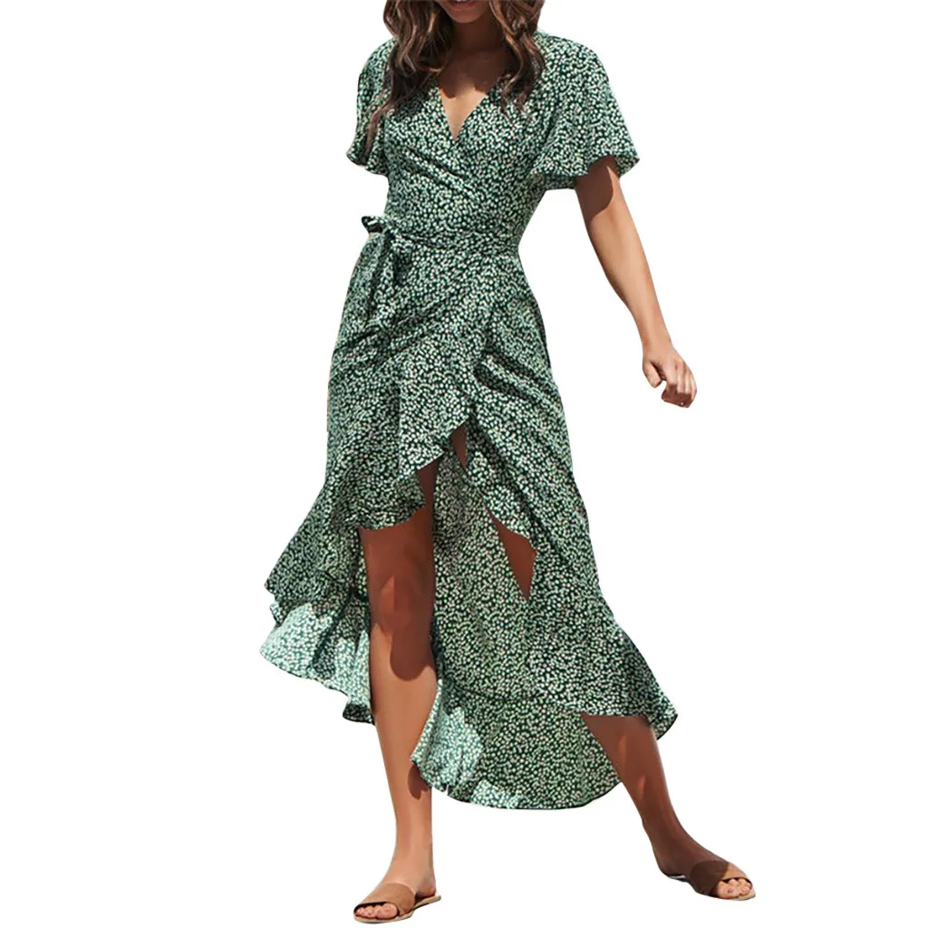 Летнее модное повседневное женское длинное платье свободного покроя с коротким рукавом и v-образным вырезом, длиной до щиколотки, Vestidos, удобное шифоновое платье OY41 - Цвет: As the photo show