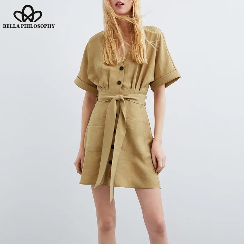 Wonder Spring Short Sleeve Mini Dress Vintage Single Breasted Female A-Line Dress Street Wear Casual Sashes Lady Dress 2019 new