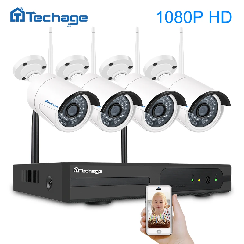 Techage 4CH 1080 P NVR комплект Беспроводной безопасности Камера Системы 1080 P 2MP Крытый Открытый Wi-Fi Камера видеонаблюдения Системы комплект