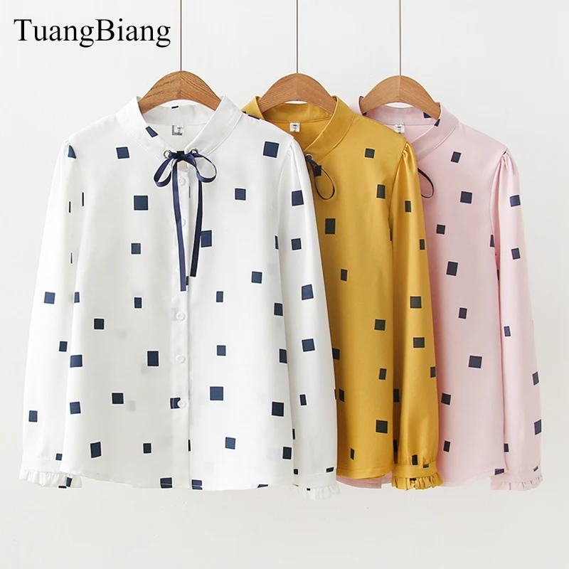 

Square Print Lace up Ribbons Blouse Women Long Sleeve Japanese Shirts Autumn Cotton Loose Chiffon Prairie Chic Bow Tops Camiseta