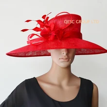Новые красные шляпы с большими полями Sinamay для свадьбы, королевского аскота, Кентукки Дерби