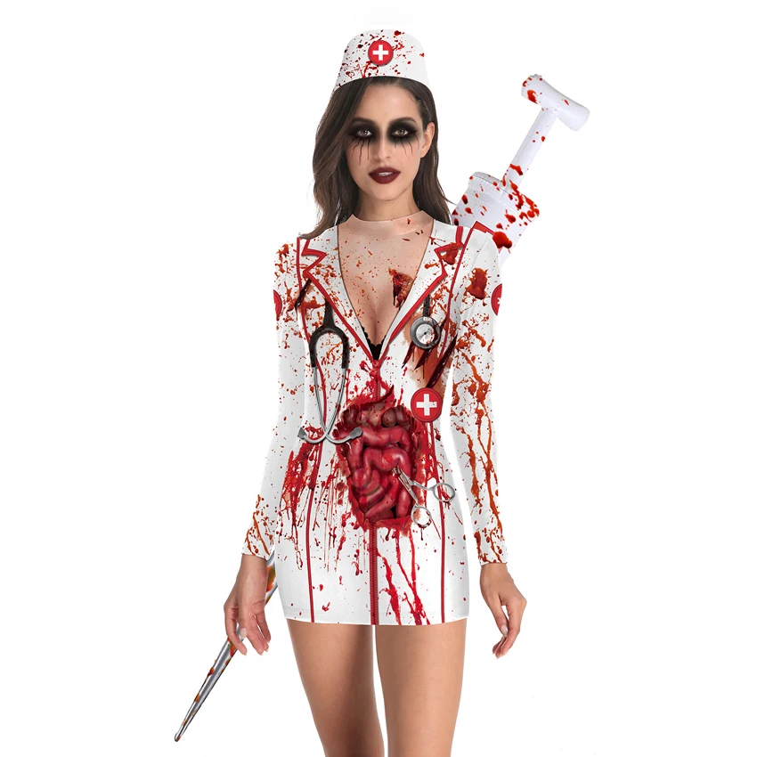 

Bloody Nurse Role-play Dress for Women Halloween Scary Horror Cosplay Costumes Sexy Mini Dress Gothic Medieval Clothing