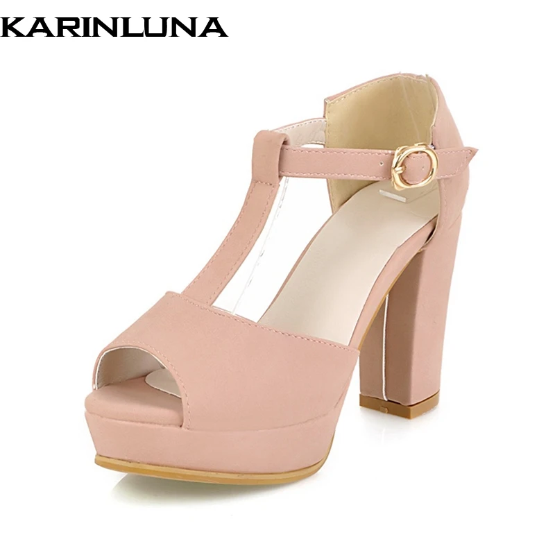 

KARINLUNA 2017 Summer Peep Toe Elegant T-Strap Sandals With Platform Cover Heel Super High Square Heel Women Shoes Size 34-39