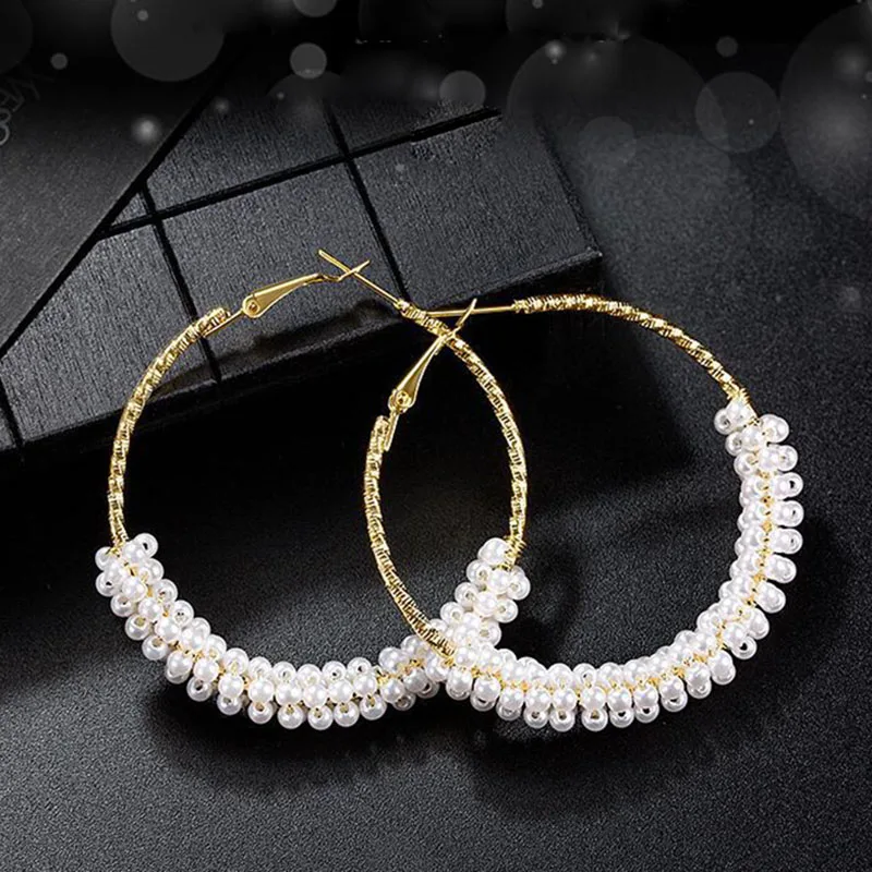 

Gold Color Big Hoop Earrings for Women Pearl Clusted Loop Earring Luxury Baroque Style Wedding Pearl Earings Fashion Jewelry New