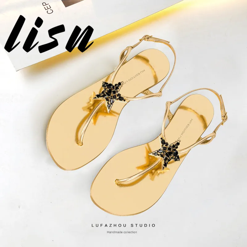 

LISN New Gold Open Toe Sling Back Women Summer Sandals Party Beach Flats Sandals Shoes Women